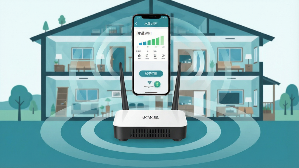 һ��չʾˮ��WiFi������չ���ܵ�ͼƬ������������һ̨ˮ��������չ������Χ�ð�͸�����źŲ��Ʊ�ʾ���Ƿ�Χ��һ���ֻ���������չ���Ϸ�����Ļ����ʾ��չ���������棬�����ź�ǿ��������԰�ť������Ϊ���סլ������ʾ��ͼ�����ֲ�η��������Ϊ��ƽ���廭��ɫ��������ɫ�Ͱ�ɫΪ����ϸ�ڰ����źŲ��ƵĽ���Ч�����ֻ������ͼ�꣬���ʸ��壬����ɾ����޶���Ԫ�أ�ͼƬ����������Ϊ��ˮ��WiFi���͡��ź���չ����