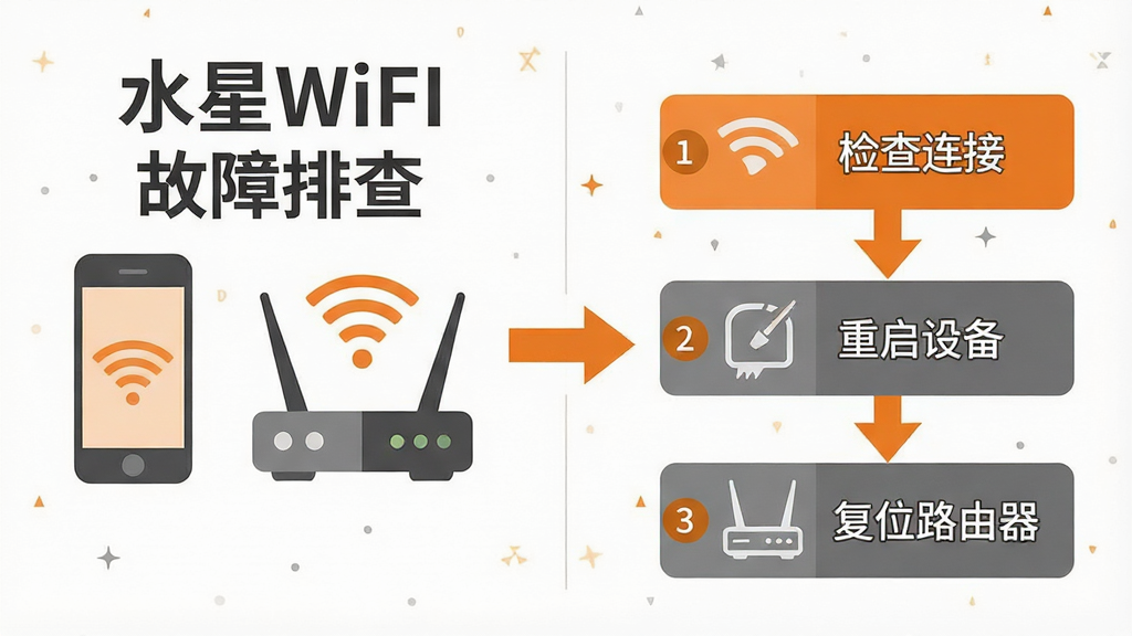һ��չʾˮ��WiFi�����Ų����̵�ͼƬ����������Ϣͼ��ʽ���֣�������ֻ���·����ͼ�꣬�Ҳ����Ų鲽���б���������������ӡ��������豸������λ·����������Ŀ���м��ü�ͷ���ӣ����ֲ������ҷ����ṹ�����Ϊ��ƽ����Ϣͼ��ɫ���Գ�ɫ�ͻ�ɫΪ����ϸ�ڰ��������ź�ͼ�꣬���ʸ��壬����ɾ����޶���Ԫ�أ�ͼƬ����������Ϊ��ˮ��WiFi���͡������Ų顱��