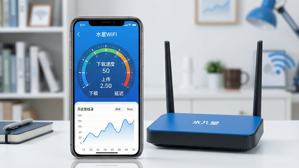 һ��չʾˮ��WiFi�����⹦�ܵ�ͼƬ������������һ���ֻ�����Ļ����ʾ���ٲ����Ǳ��̣����������ٶȡ��ϴ��ٶȺ��ӳ���ֵ���Ǳ����·�������ͼ��ʾ��ʷ���Լ�¼���ֻ��Ա߷���һ̨ˮ��·����������Ϊ�鷿���������ֲ������ľ۽�ʽ�����Ϊ���ݿ��ӻ����棬ɫ������ɫ�Ͱ�ɫΪ����ϸ�ڰ����Ǳ��̶̿Ⱥ�ͼ�����ߣ����ʸ��壬����ɾ����޶���Ԫ�أ�ͼƬ����������Ϊ��ˮ��WiFi���͡������⡱��