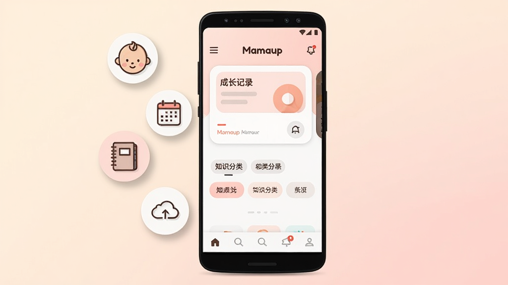�����������һ����׿�ֻ����ֻ���Ļ����ʾ��Mamaup��Ӧ�������棬��������ɳ���¼��Ƭ��֪ʶ�����ǩ��ײ����������ֻ����Ư������Բ��ͼ�꣬�ֱ��������ͷ���������ʼǱ�����ͬ�����š����岼�ֲ��þ��жԳƹ�ͼ������Ϊǳ��ɫ�뵭��ɫ���䡣���Ϊ��ƽ��UI�廭��ϸ�ڰ�����͵�ͶӰ��Բ�ǿ�Ƭ���������ͼ�ꡣ�����������ɾ����޶���Ԫ�ء�