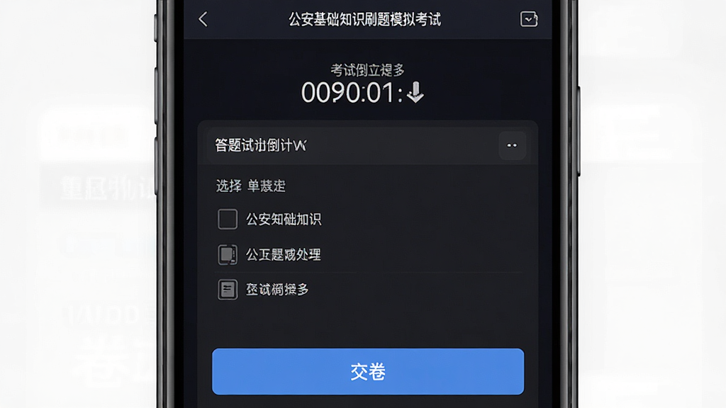 ��������֪ʶˢ���ģ�⿼�Խ��棬�ֻ���Ļ��ʾ���Ե���ʱ����⿨����ĿΪ��ѡ�⣬�ײ��н�����ť������Ϊ��ɫ����ģʽ��������࿼�Է�Χ��ϸ�����������ʸɾ�