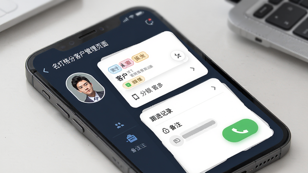 ���Ƹ�����ͻ�����ҳ�棬����Ϊ�ֻ���Ļ��ʾ�ͻ��б��͸�����¼������Ϊ���ͻ�ͷ���Ҳ���Ϣ��Ƭ�����Ϊ����칫�磬ϸ�ڰ�����ǩ���ࡢ��עͼ�ꡢͨ����ť�����ʸ��壬�ɾ����޶���Ԫ��