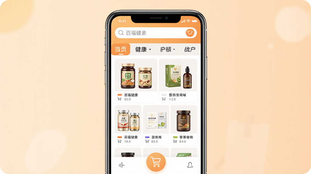 һ��չʾ�ٸ���APP�̳ǹ��﹦�ܵĽ���ͼ�������������ֻ���Ļ��ʾ�ٸ����̳���ҳ����Ʒ��������ʽ���У���������ʳƷƿ�ޡ�Ӫ��Ʒ��װ�еȣ��������������ͷ����ǩ���ײ��й��ﳵͼ�꣬����Ϊ����ɫ���䣬��������ܰ���죬��������������ɾ��޶���Ԫ��