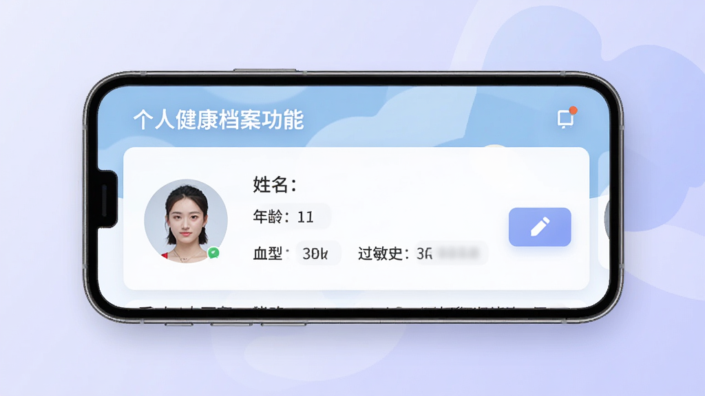 һ��չʾ�ٸ���APP���˽����������ܵĽ���ͼ���������ֻ���Ļ��ʾ����������Ƭʽ���֣�����ͷ�����������䡢Ѫ�͡�����ʷ���ֶΣ��Ҳ��б༭��ť������Ϊǳ��ɫ���䣬���������רҵ����������������ɾ��޶���Ԫ��