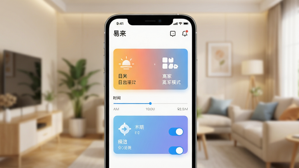 һ��չʾ����App�Զ����������ý����ʾ��ͼ����������Ϊ�ֻ���Ļ����Ļ����ʾ��������App���Զ�����������ҳ�棬���ճ����䡢���ģʽ�ȳ�����Ƭ������Ϊ��͵ļҾӻ����黯�����־��У����Ϊ���¿Ƽ��磬ϸ�ڰ�������ͼ�ꡢʱ���ᡢ���ذ�ť�������������ɾ����޶���Ԫ��