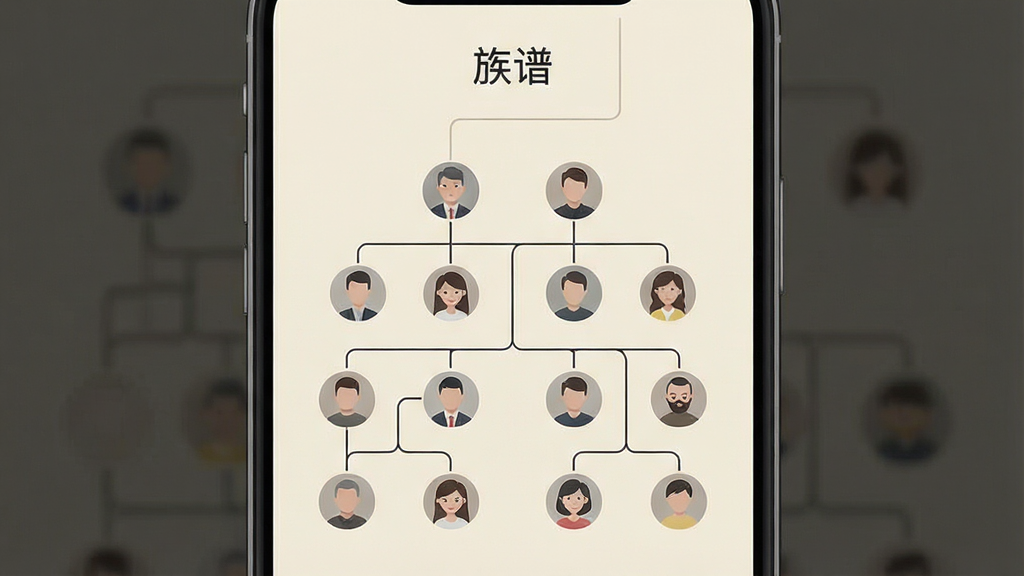一张展示家族树结构的手机应用界面截图,画面中央是一棵由线条和头像组成的家族树,上方有