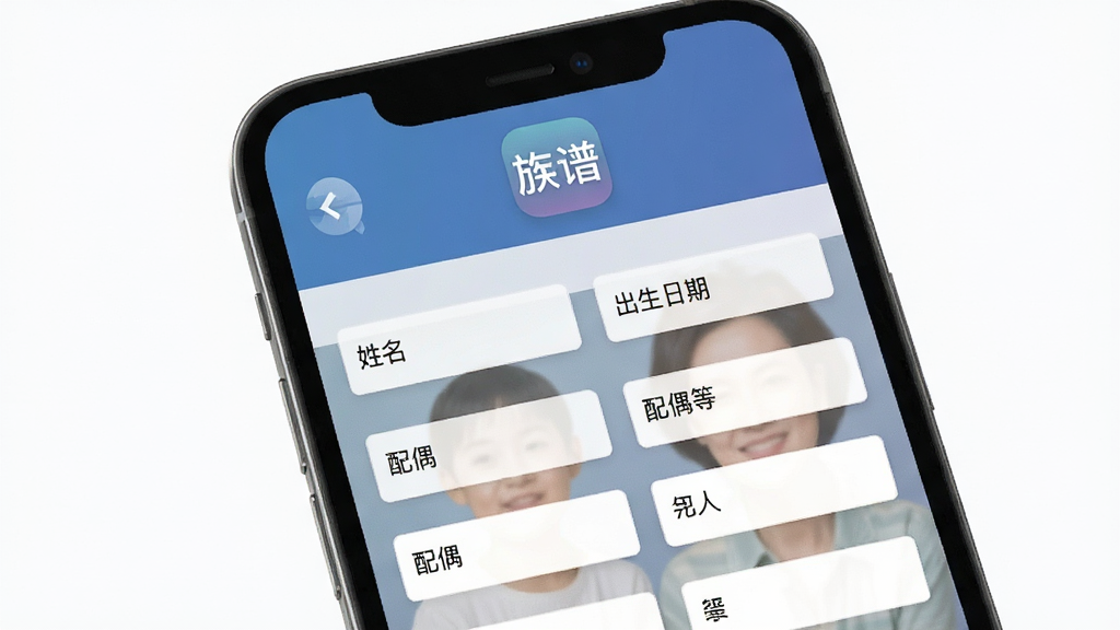 手机界面展示族谱软件成员信息编辑页面,表单中包含姓名、出生日期、配偶等字段,顶部有