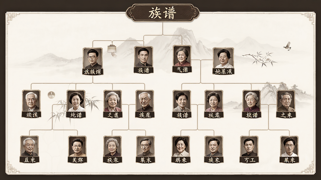 族谱软件自动生成的世系图预览界面,画面中显示从上至下排列的家族成员姓名与关系连线,顶部标注