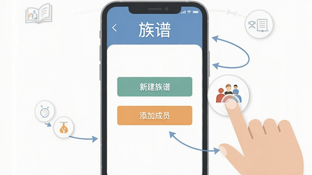 族谱软件操作步骤示意图,画面中手机屏幕显示新建族谱和添加成员按钮,旁边有手指点击图标,顶部标注