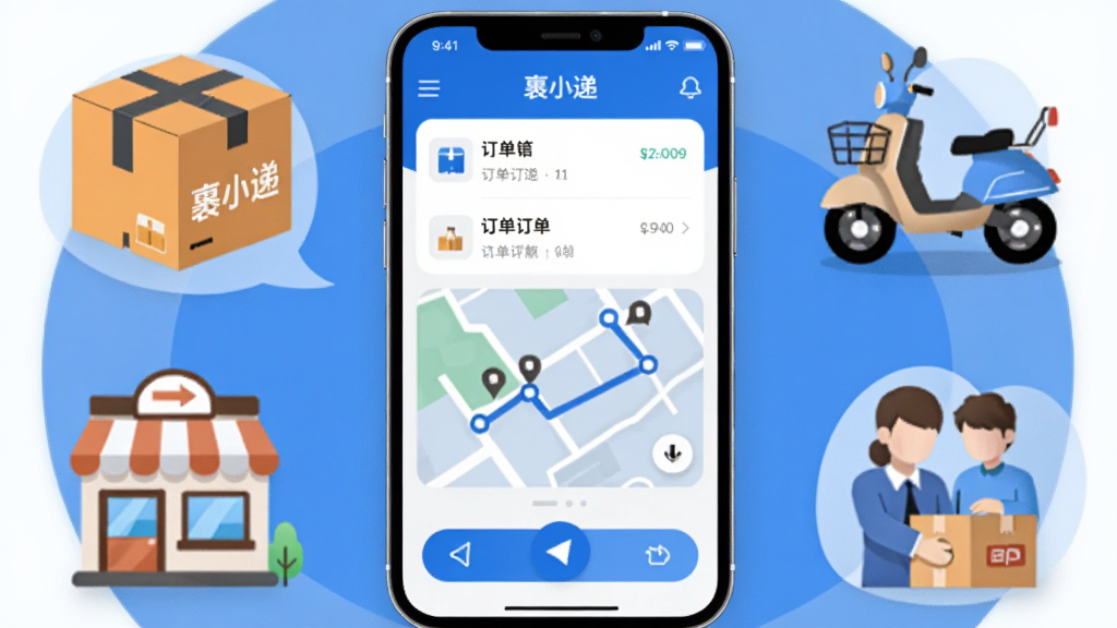 画面中央是一部智能手机,屏幕上显示着“裹小递”应用的主界面,界面以蓝色和白色为主色调,上方有订单列表和地图轨迹,下方有导航按钮。手机周围环绕着配送箱、电动车、商家店铺和收货人图标,形成环形布局。整体风格为扁平化科技插画,细节清晰,画质干净明亮,无多余元素。
