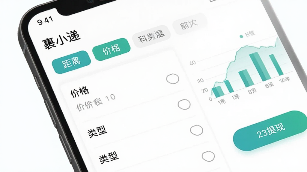 画面为手机屏幕特写,显示“裹小递”订单筛选界面,有距离、价格、类型等筛选标签,旁边有统计图表和提现按钮。风格为扁平化UI设计,配色清爽,细节清晰,画质干净,无多余元素。