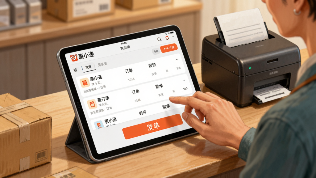 画面为一位商家在柜台前使用平板电脑操作“裹小递”商家版,屏幕上显示订单列表和发单按钮,旁边有包裹和打印机。风格为写实插画,色彩温暖,细节丰富,画质干净,无多余元素。