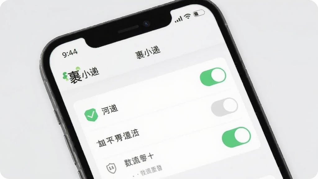 画面为一部手机屏幕显示“裹小递”应用设置界面,旁边有勾选标记和权限开关图标,背景为浅灰色,风格简洁明了,细节清晰,画质干净,无多余元素。