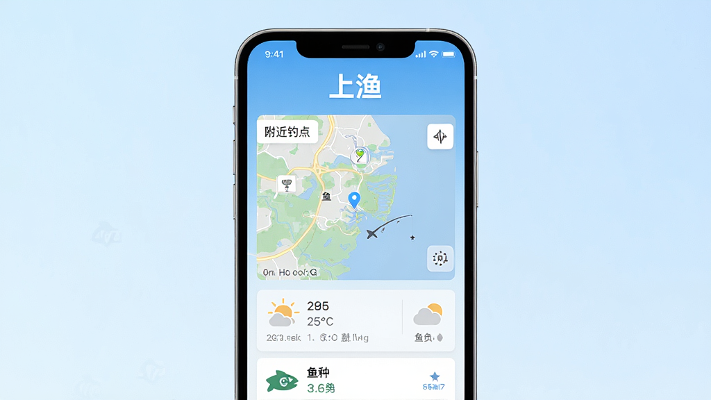 一张展示“上渔”钓鱼应用主界面的手机屏幕截图,画面中央是手机界面,界面顶部有“上渔”文字标识,下方显示附近钓点地图、天气图标和鱼种信息,背景为淡蓝色渐变,风格简洁现代,细节清晰,画质干净,无多余元素
