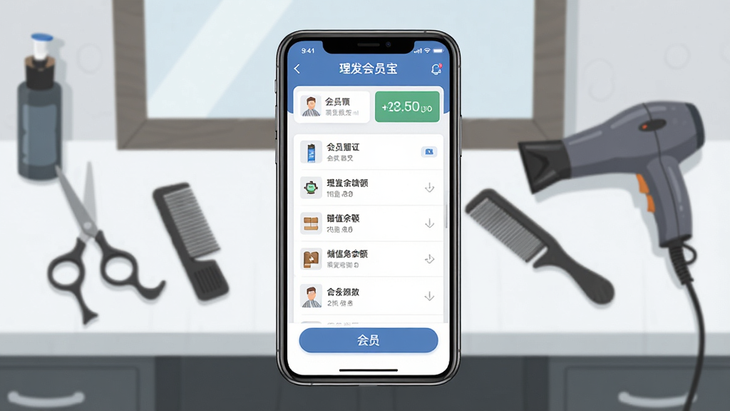 一张手机屏幕正面展示理发会员宝软件主界面的场景图,画面中央是手机,手机屏幕显示会员列表和储值余额数字,背景是简洁的理发店工作台,台面上摆放剪刀、梳子和吹风机,整体布局为居中构图,风格为现代扁平插画风,细节包括手机边框、软件界面按钮和理发工具纹理,画质高清,干净,无多余元素