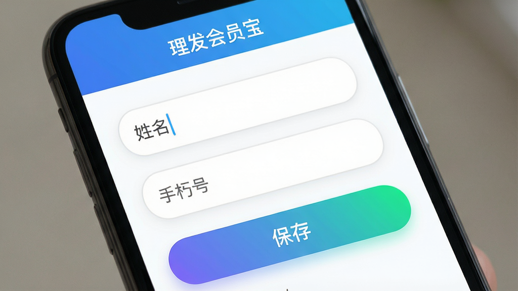 一张理发会员宝软件会员建档界面的特写图,画面主体是手机屏幕,屏幕上显示姓名输入框、手机号输入框和保存按钮,布局为上下结构,风格为清爽UI设计风,细节包括输入框圆角、按钮渐变色彩和顶部标题栏文字“理发会员宝”,画质高清,干净,无多余元素