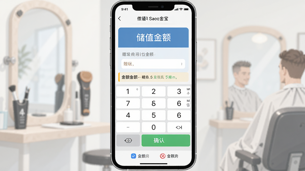 一张展示理发会员宝储值管理功能的场景图,画面主体是手机屏幕显示储值金额和赠送金额输入界面,布局为居中构图,风格为商务简约插画风,细节包括数字键盘、确认按钮和余额变动提示条,画质高清,干净,无多余元素