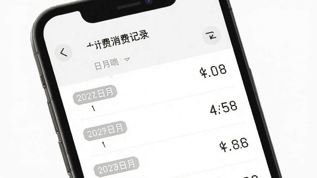 一张理发会员宝消费记录查询界面的示意图,画面主体是手机屏幕显示按日期排列的消费流水列表,布局为列表式排版,风格为极简信息图表风,细节包括日期标签、金额数字和筛选图标,画质高清,干净,无多余元素