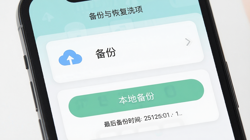 一张理发会员宝数据备份设置界面的示意图,画面主体是手机屏幕显示备份与恢复选项,布局为上下排列的菜单列表,风格为清新浅色卡片风,细节包括云备份图标、本地备份按钮和最后备份时间文字,画质高清,干净,无多余元素