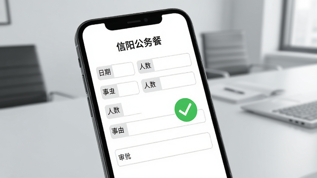 一部手机屏幕显示“信阳公务餐”的用餐申请表单,表单包含日期、人数、事由等字段,旁边有审批通过的绿色对勾图标,背景为浅灰色办公环境,风格简洁商务,细节清晰,画质干净,无多余元素