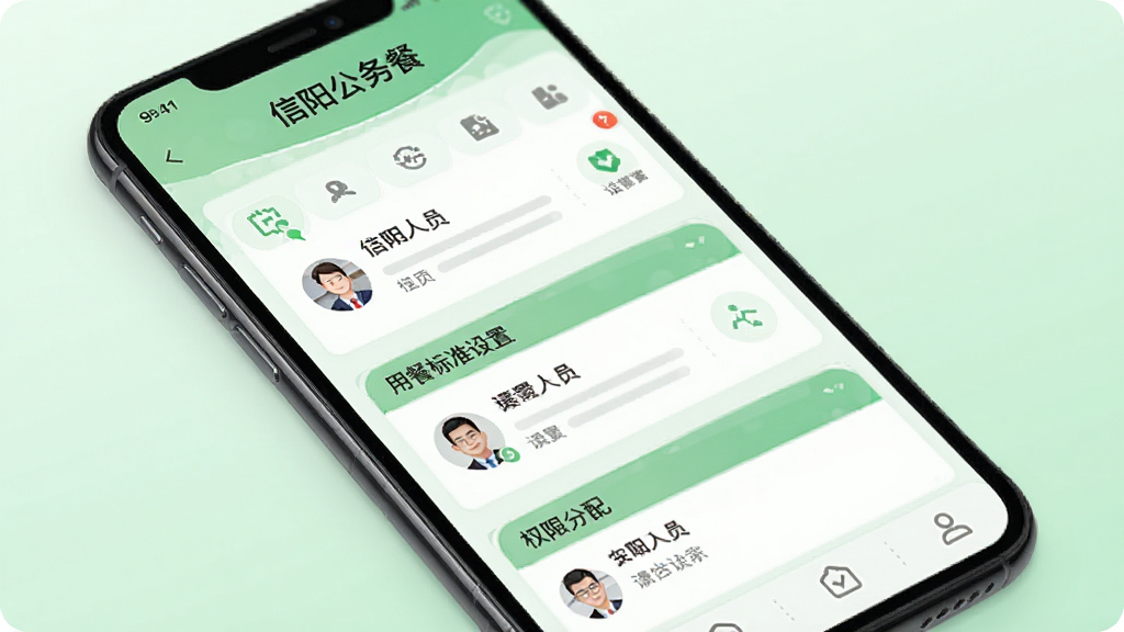手机屏幕展示“信阳公务餐”单位管理界面,包含人员列表、用餐标准设置、权限分配等模块,背景为浅绿色渐变,风格清新商务,细节突出设置图标和人员头像,画质清晰,无多余元素
