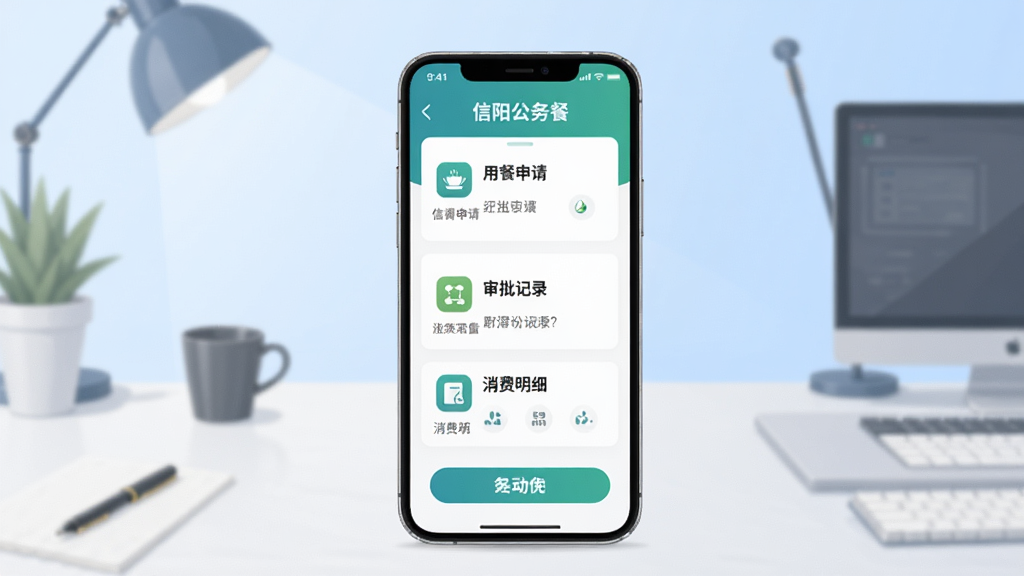 画面中央是一部智能手机,屏幕上显示着“信阳公务餐”应用界面,界面包含用餐申请、审批记录、消费明细等模块,手机周围环绕着简洁的办公桌场景,背景是淡蓝色渐变,风格为扁平化UI展示,细节上突出应用图标和功能按钮,画质清晰,干净明亮,无多余元素