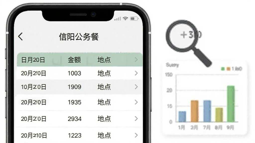 手机界面显示“信阳公务餐”消费明细列表,包含日期、金额、地点等条目,旁边有放大镜和统计图表元素,背景为白色简洁风格,细节上突出数据表格和图表,画质干净,无多余装饰