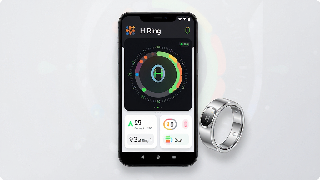 ��һ��չʾ H Ring ���ܽ�ָ����Ӧ�ý����ͼƬ������������һ����׿�ֻ����ֻ���Ļ����ʾ��Բ��״�Ľ�������ͼ���ͽ�ָ����״̬ͼ�꣬�ֻ��Ա߷���һö��ɫ���ܽ�ָ�����ֲ��þ��й�ͼ������Ϊǳ�ҽ���ɫ�������Ϊ�ִ��Ƽ��������ƽ����ϣ�ϸ�ڰ������������̶ֿȡ���͵���Ӱ��Բ��Ŀ�Ƭʽģ�飬������������������ɾ��޶���Ԫ�أ��������ֱ�עΪ��H Ring����