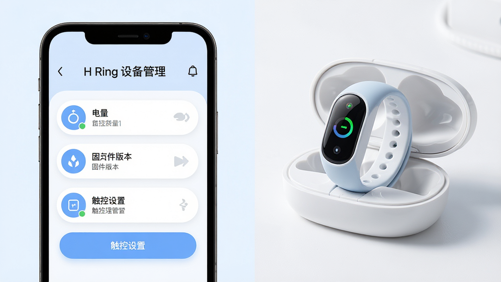 ����һ�� H Ring �豸���������ͼƬ������չʾ�ֻ���Ļ�ϵĽ�ָ�������̼��汾�ʹ�������ѡ��Ա���һö���ܽ�ָ�ͳ����������ֲ������ҷ���������ֻ����棬�Ҳ��ָʵ����Ϊ��ˬ����磬ϸ�ڰ���������ͼ�ꡢԲ�ǰ�ť����͵�������ɫ�����ʸɾ����������ֱ�עΪ��H Ring �豸��������
