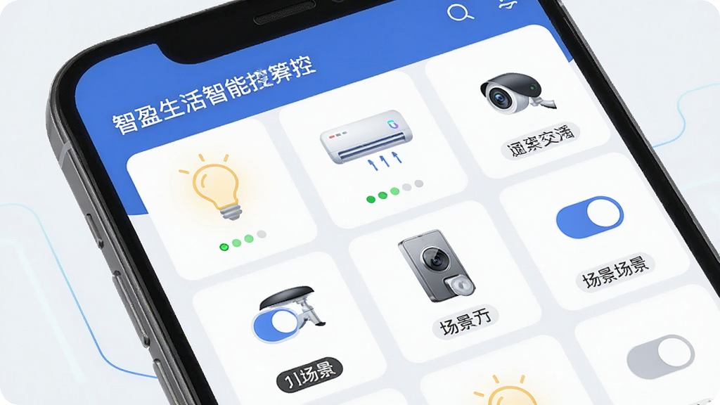 ��ӯ�ǻ����������豸�ܿؽ��棬����չʾ�ֻ���Ļ�ڶ�������豸ͼ���������У��������ݡ��յ�������������ͷ�����ֲ��������Ű棬���Ϊ�ִ��Ƽ���UI��ƣ�ϸ��������״ָ̬ʾ�����ذ�ť��������ǩ�������������ɾ����޶���Ԫ��
