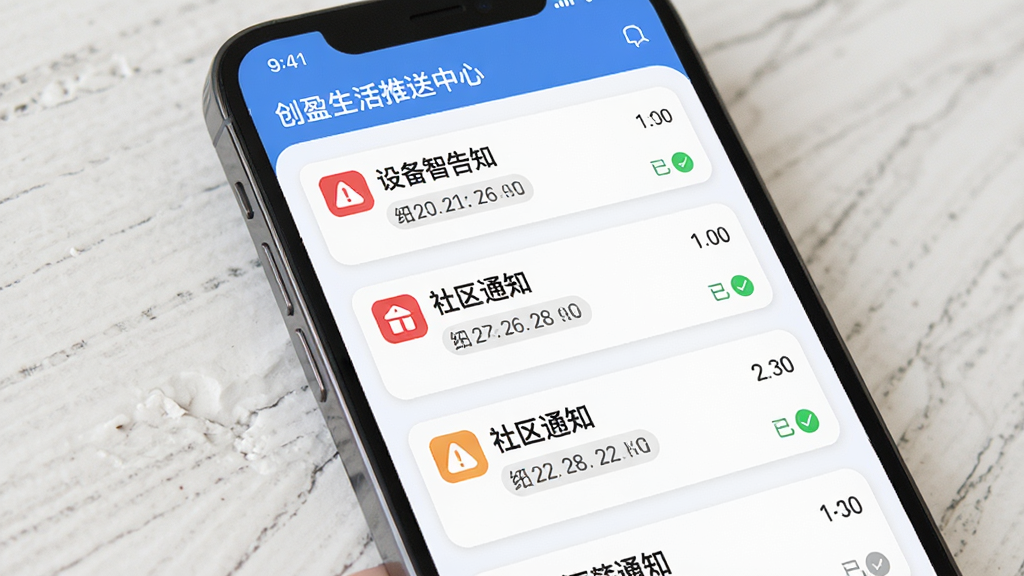 ��ӯ�ǻ�������Ϣ�������Ľ��棬����չʾ�ֻ���Ļ�ڶ���֪ͨ��Ƭ��ʱ�����У����ֲ����б�ʽ�Ű棬���Ϊ����Ч��ƣ�ϸ�ڰ����豸�澯ͼ�ꡢ����֪ͨ��ǩ��ʱ����ʾ���Ѷ�״̬�����ʸ��壬�ɾ����޶���Ԫ��