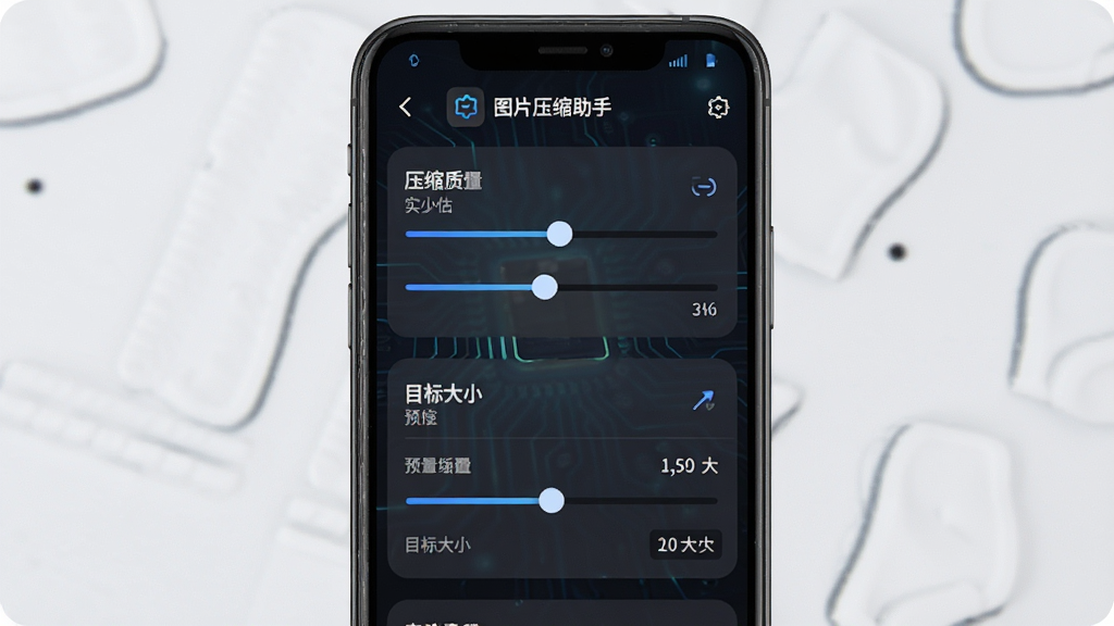 一张展示图片压缩助手自定义压缩参数设置界面的图片,主体是手机屏幕显示滑动条调节压缩质量和目标大小,布局为上下结构参数面板,排版规整,风格为深色科技风,细节包含“图片压缩助手”文字和实时预估文件大小,画质清晰,干净,无多余元素