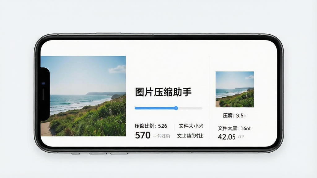 一张展示手机屏幕中图片压缩助手软件界面的图片,主体是手机屏幕显示压缩前后的对比图,左侧是原始大尺寸照片,右侧是压缩后的小尺寸照片,界面中间有“图片压缩助手”文字标识,布局为居中手机模型展示,排版简洁,风格为现代扁平化科技风,细节包含进度条、压缩比例数字和文件大小对比,画质清晰,干净,无多余元素