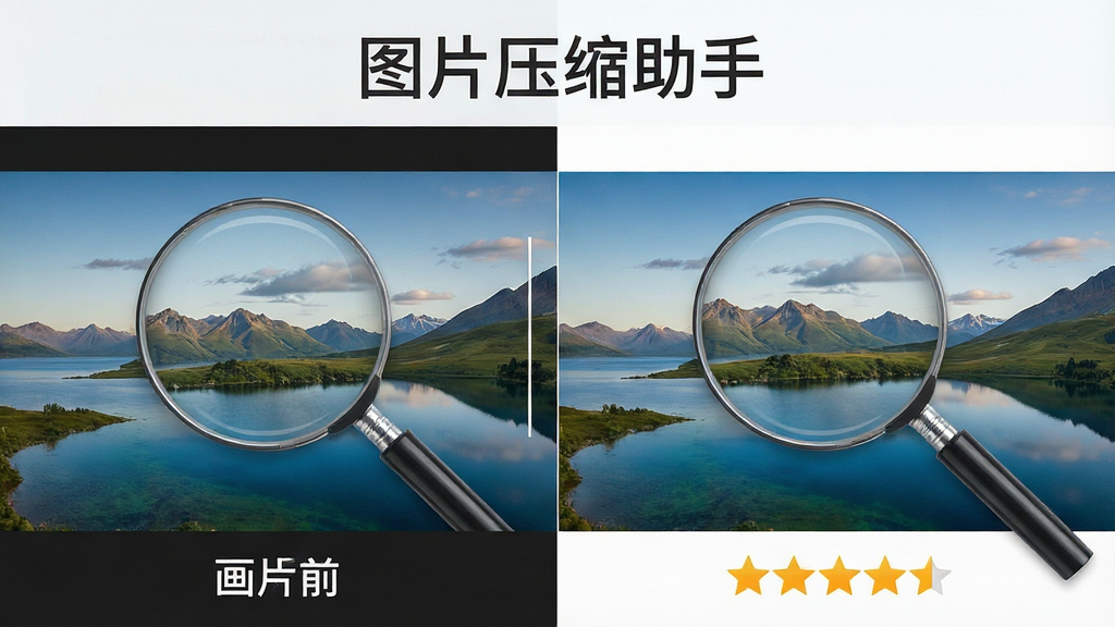一张展示图片压缩助手画质无损优化效果的图片,主体是左右分屏对比压缩前后的同一张风景照片,上方标注“图片压缩助手”文字,布局为左右对称对比,排版直观,风格为写实摄影风,细节包含放大镜查看细节和画质评分星级,画质清晰,干净,无多余元素