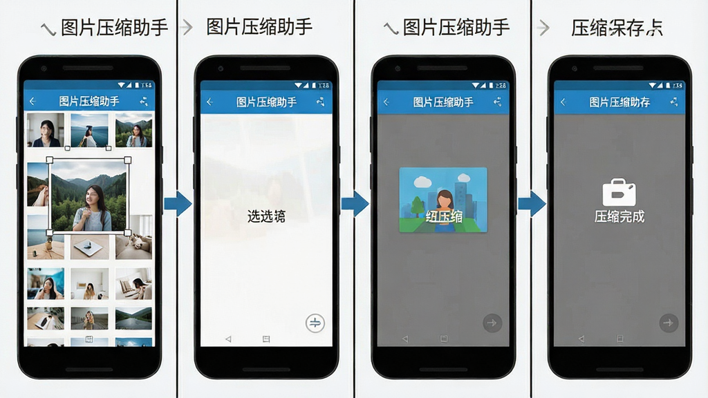 一张展示图片压缩助手在安卓手机上操作流程的图片,主体是手机屏幕显示从相册选图到压缩完成保存的四个步骤界面,布局为四格分镜排列,排版清晰,风格为简约扁平化教程风,细节包含“图片压缩助手”文字和操作箭头指引,画质清晰,干净,无多余元素