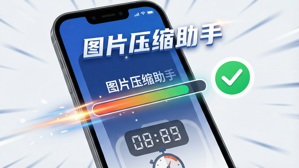 一张展示图片压缩助手极速处理速度的图片,主体是手机屏幕显示压缩进度条瞬间完成并出现对勾图标,布局为居中动态感构图,排版突出速度感,风格为动感光效风,细节包含“图片压缩助手”文字和秒表计时元素,画质清晰,干净,无多余元素