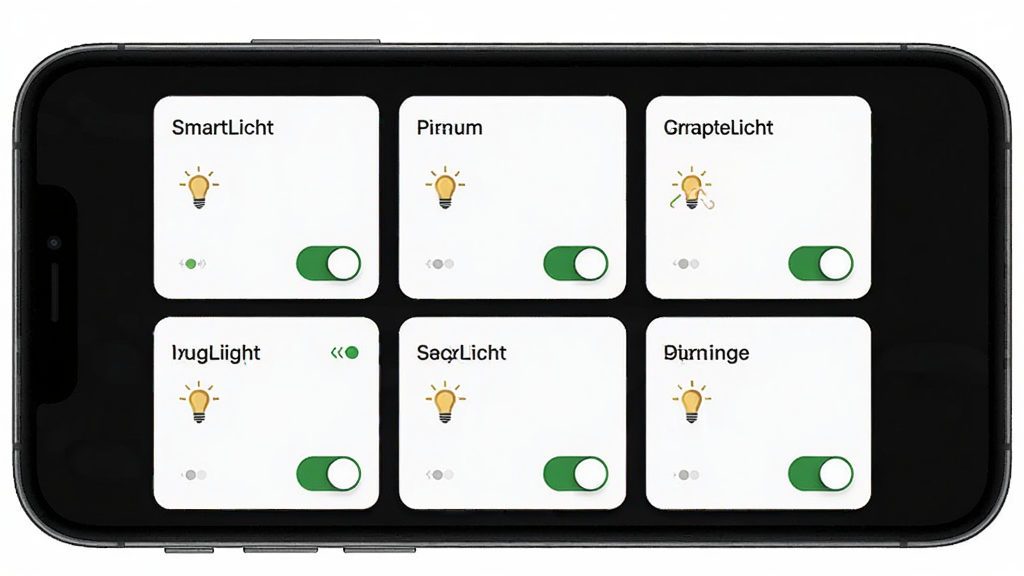 SmartLicht设备分组管理界面,主体为手机屏幕显示房间分组卡片与灯具图标,布局网格排列,排版整齐,风格现代简约,细节包括分组名称、在线状态、快捷开关,画质高清,干净,无多余元素