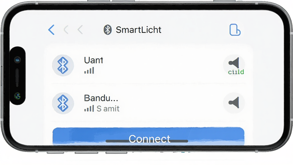 SmartLicht应用蓝牙配网界面,主体为手机屏幕显示搜索到的设备列表,布局上下结构,排版清晰,风格简约扁平化,细节包括蓝牙图标、设备信号强度、连接按钮,画质高清,干净,无多余元素