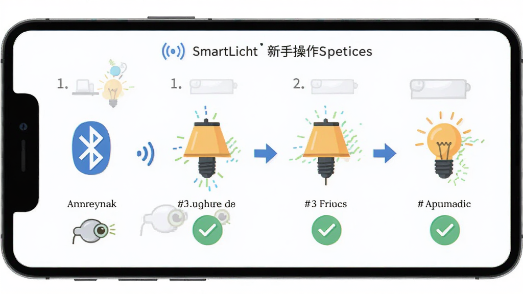 SmartLicht新手操作流程图,主体为手机屏幕展示从下载到控灯的步骤示意,布局横向排列,排版分步清晰,风格扁平插画,细节包括蓝牙图标、灯具图标、勾选标记,画质高清,干净,无多余元素