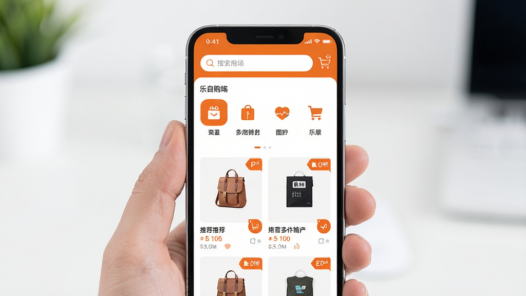 ��ͼչʾ���Զ�Ӧ�õĺ��Ĺ�����棬����������һ�������ֻ�����Ļ��ʾ���Զ��̳���ҳ�����������������в�Ϊ��Ʒ����ͼ�꣬�·�����Ʒ�Ƽ��ٲ��������岼�ּ�����죬���ó�ɫ���ɫΪ��ɫ��������ִ����£�ϸ�ڴ����ֹ��ﳵͼ��ʹ�����ǩ�����ʸ��壬����ɾ����޶���Ԫ�ء�