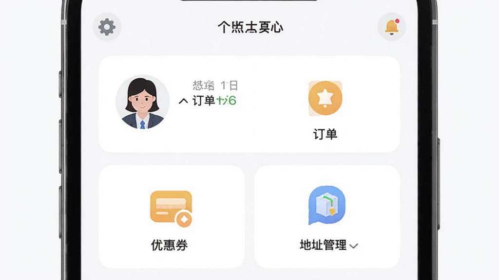 ����չʾ���Զ�Ӧ�õĸ�������ҳ�棬�ֻ���Ļ����ʾ�û�ͷ�񡢶�����ڡ��Ż�ȯ����ַ������ģ���ͼ���б��������Ű����룬ͼ����ͳһ������Ϊǳɫ��������¼�Լ��ϸ�ڴ��������ó��ֺ���Ϣ����ͼ�꣬���ʸ��壬����ɾ����޶���Ԫ�ء�