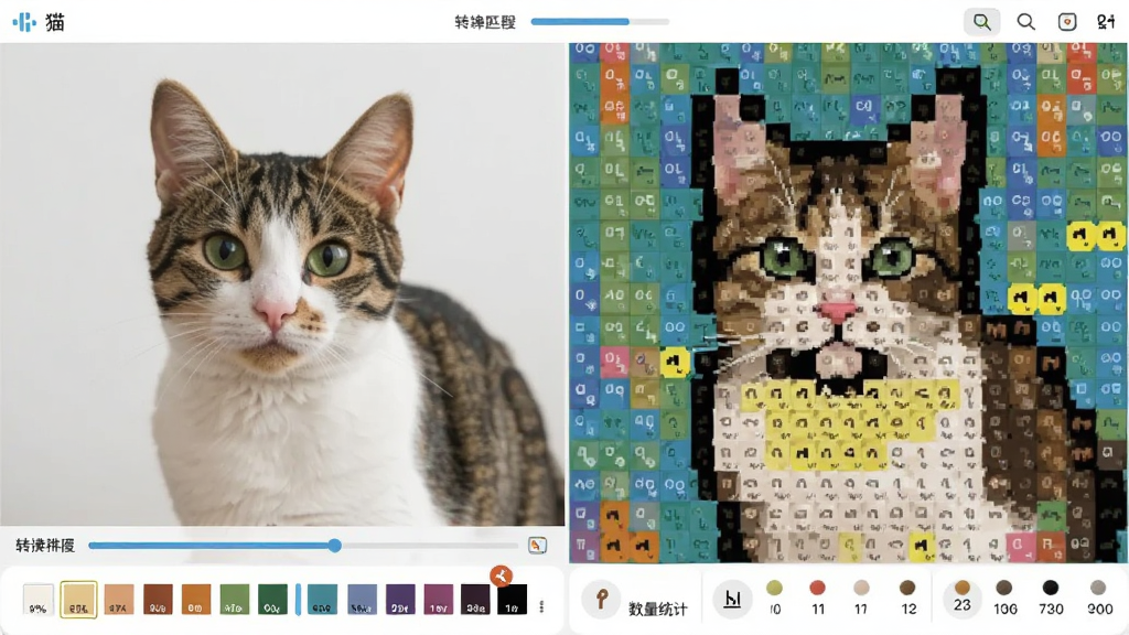 ��������Ϊ��èƴ�������Ľ����ͼ��չʾһ��è����Ƭ���ڱ�ת��Ϊ����ƴ��ͼֽ�Ĺ��̣����Ϊԭͼ�Ҳ�Ϊ���ػ���Ĳ�ɫ����ͼֽ�������·���ʾɫ���б��Ͷ�������ͳ�ƣ�����Ϊ���ҷ���ʽ�����Ϊ��ƽ���Ƽ��У�ϸ�ڰ���ת������������ɫƥ���ǣ����������ɾ����޶���װ��Ԫ��