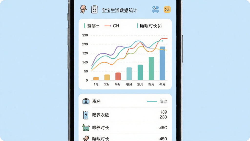 ���������¼����ͳ�ƽ��棬����չʾ�ֻ���Ļ�ϵ�����ͼ����״ͼ��ͼ����ʾ����һ�ܵ�ι��������˯��ʱ������������͵�ǳ��ɫ������Ϊ���½ṹ���Ϸ���ͼ���·��������б������Ϊ�ִ���Լ��ƽ����ϸ�ڰ��������������ᡢ��ɫ�����ߡ�ͼ���׺�����ʸ��壬�ɾ����޶���Ԫ��