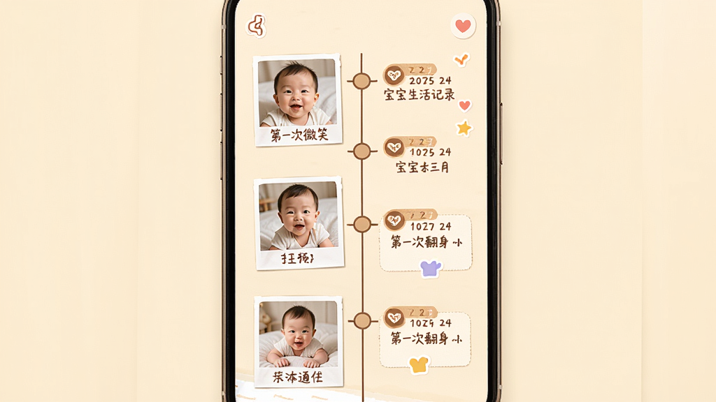 ���������¼�ɳ���̱����棬����չʾ�ֻ���Ļ�ϵ�ʱ���ᣬʱ�����������ű�������Ƭ�����ּ�¼�����һ��΢Ц����һ�η�������������ů���׻�ɫ������Ϊ��ֱʱ���ᣬ���Ϊ��ܰ���˷磬ϸ�ڰ����ɰ���Сͼ�ꡢ���ڱ�ǩ����Ƭ����ͼ�����ʸ��壬�ɾ����޶���Ԫ��