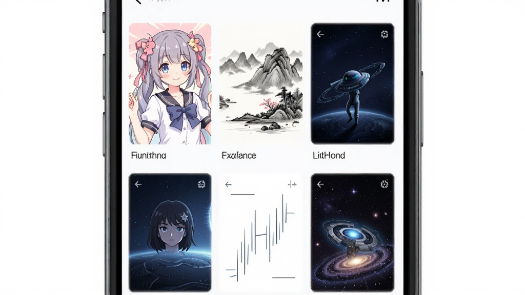 摩秀软件内主题资源库展示,主体为手机屏幕上的主题列表页面,布局为两列网格排列的主题预览图,排版紧凑有序,风格为清新活泼,细节上每张主题图都展示不同风格如动漫少女、水墨山水、极简线条、星空科幻等,画质高清,干净,无多余元素