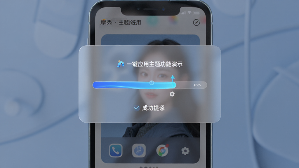 摩秀一键应用主题功能演示,主体为手机屏幕显示主题应用进度条与成功提示,布局为居中弹窗样式,排版简洁,风格为科技感蓝色调,细节上进度条动画流畅,背景为半透明毛玻璃效果,画质高清,干净,无多余元素