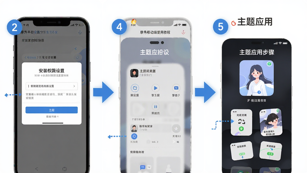 摩秀移动端使用教程示意图,主体为手机屏幕显示安装权限设置界面与主题应用步骤,布局为分步截图拼接,排版条理清晰,风格为扁平化教程风,细节上每一步都有数字标注和箭头指引,画质高清,干净,无多余元素