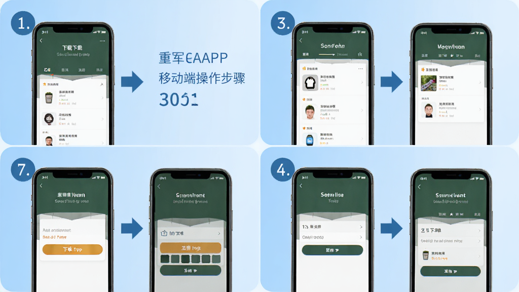 �ؾ�APP�ƶ��˲�������ʾ��ͼ������Ϊ�ֻ���Ļ�ڷֲ�չʾ���ء���װ��ע�ᡢ�µ��ĸ����ڵĽ����ͼ�������Ĺ��񲼾֣�����Ϊǳ��ɫ���䣬���Ϊ�̳�����Ϣͼ��ϸ�ڰ������������ͷָ�������ʸ��壬����ɾ����޶���Ԫ��