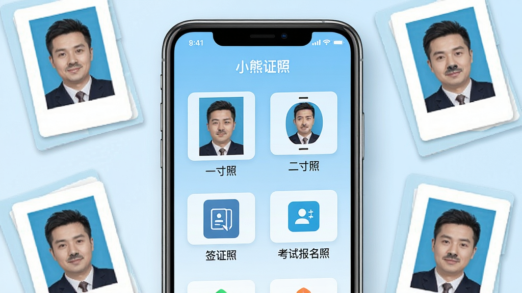 一张展示小熊电子证件照软件界面的手机样机图,画面中央是手机屏幕,屏幕内显示小熊电子证件照APP的主页,主页上有“一寸照”“二寸照”“签证照”“考试报名照”等分类图标,背景为浅蓝色渐变,手机周围点缀着几张已经制作好的标准证件照小图,风格简洁现代,细节清晰,画质高清,干净无多余元素