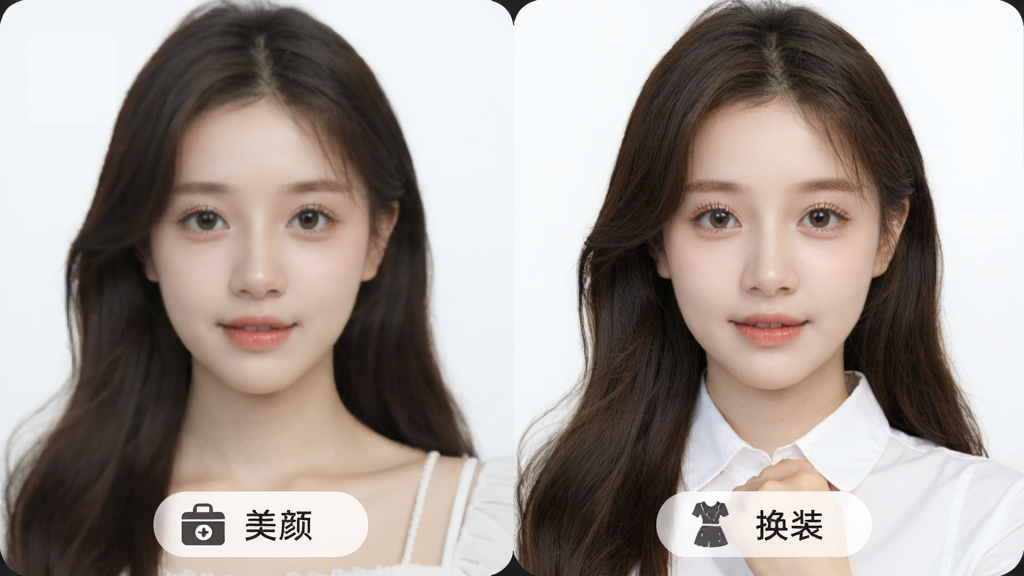 一张展示小熊电子证件照美颜与正装功能的示意图,画面中是一位年轻女性的证件照,左侧为原图,右侧为美颜并换上白色衬衫后的效果,画面下方有“美颜”“换装”两个按钮图标,风格清新自然,细节到位,画质清晰,无多余元素